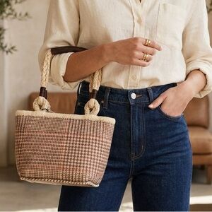 Ralph Lauren Plaid Woven Tote Bag - houndstooth straw weave